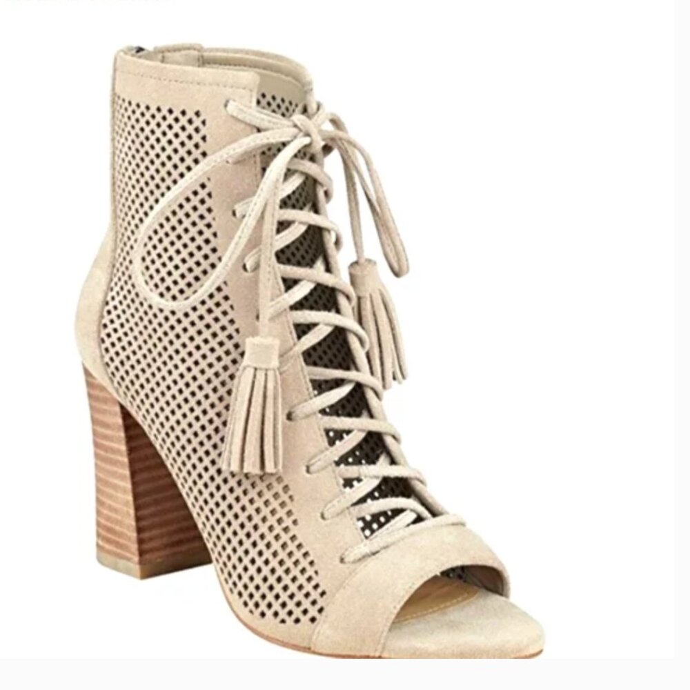 Marc Fisher Shaini Beige Suede Lace Up Open Toe Bootie Size 8.5